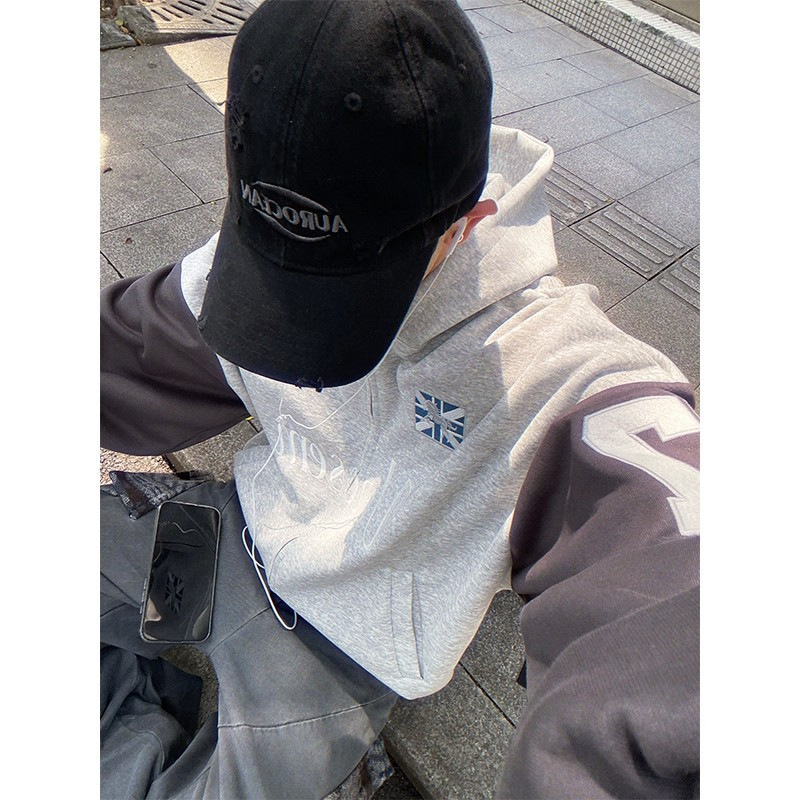 Men's Clothing Unisex Street Style Hooded Cardigan Raglan Sleeve Patchwork Embroidered Loose Casual Top Trendy Versatile Jacket Sweatshirt_viptrois.com