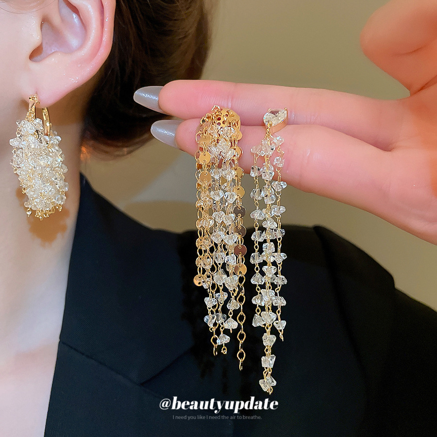 18k oro real galvanizado aguja de plata circón cristal artificial borla pendiente personalidad pendiente de nicho temperamento aretes de alta gama