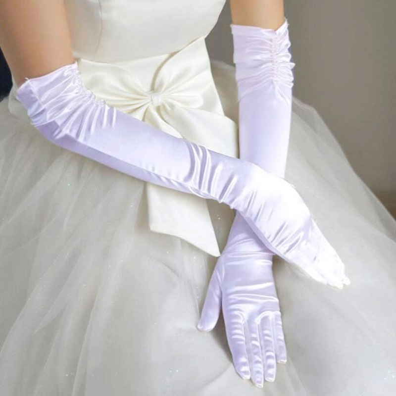 Extra-long elbow-length satin stretch gloves, double-row seams, beaded denim satin, sunscreen, scar-covering sleeves, bridal wedding gloves
