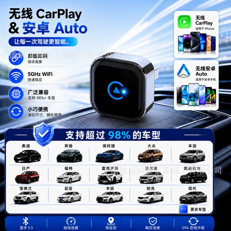Cross-Border In-Car Wired-To-Wireless Carplay Apple Auto Android 2-in-1 Smart Car-Machine Connectivity Box