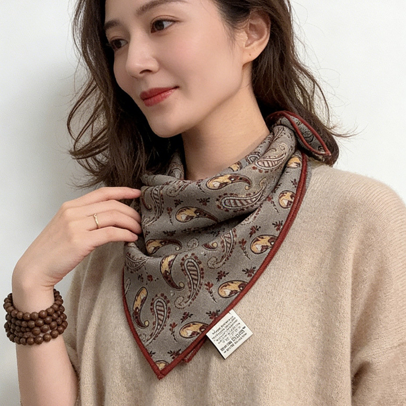 Silk and Wool Blend Square Scarf 65cm, Gray Gold Tone with Red Brown Edges, High-End Style for Women, Mom's Style Silk and Wool Blend Square Scarf 65cm, Gray Gold Tone with Red Brown Edges, High-End Style for Women, Mom's Style