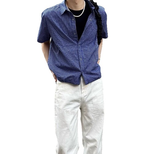 Royal Blue Striped Short-Sleeve Shirt for Men - Summer High-End Rope Drawstring Plaid Blazer - Old Money Style Half-Sleeve Outerwear
