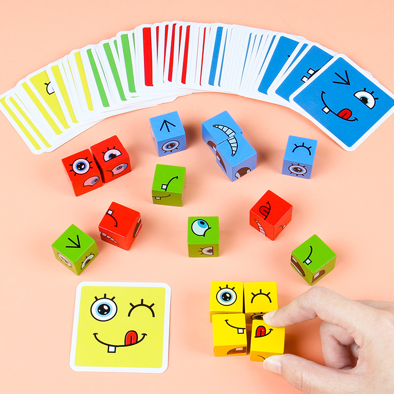 Cubo de expresión de juego de escritorio de madera Smiley Cubo de madera para niños que cambia la cara de los niños bloques de construcción juguetes educativos de madera al por mayor padre-hijo