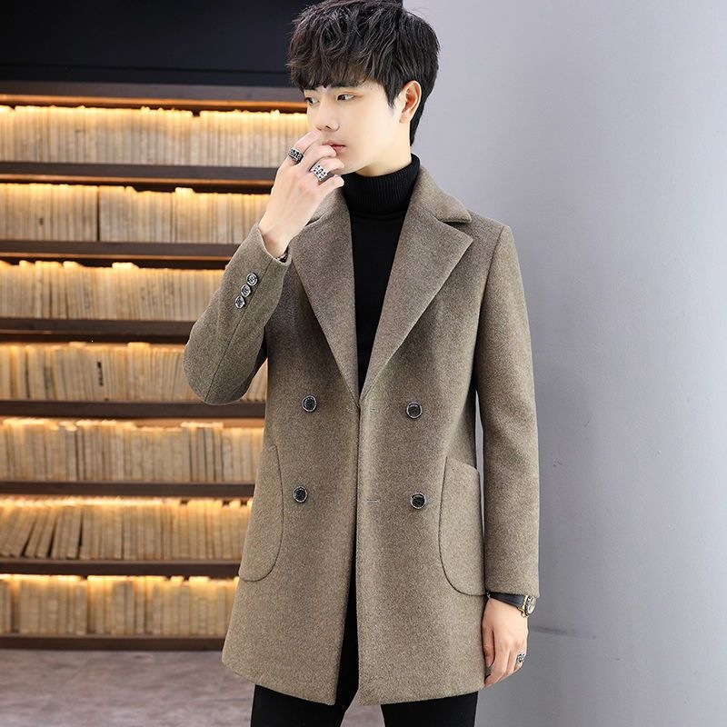 Warm Maple Leaf Autumn/Winter New Men's Woolen Overcoat, Padded and Thickened, Casual Fashion Korean Style Trench Coat, Mid-Length Men's Clothing