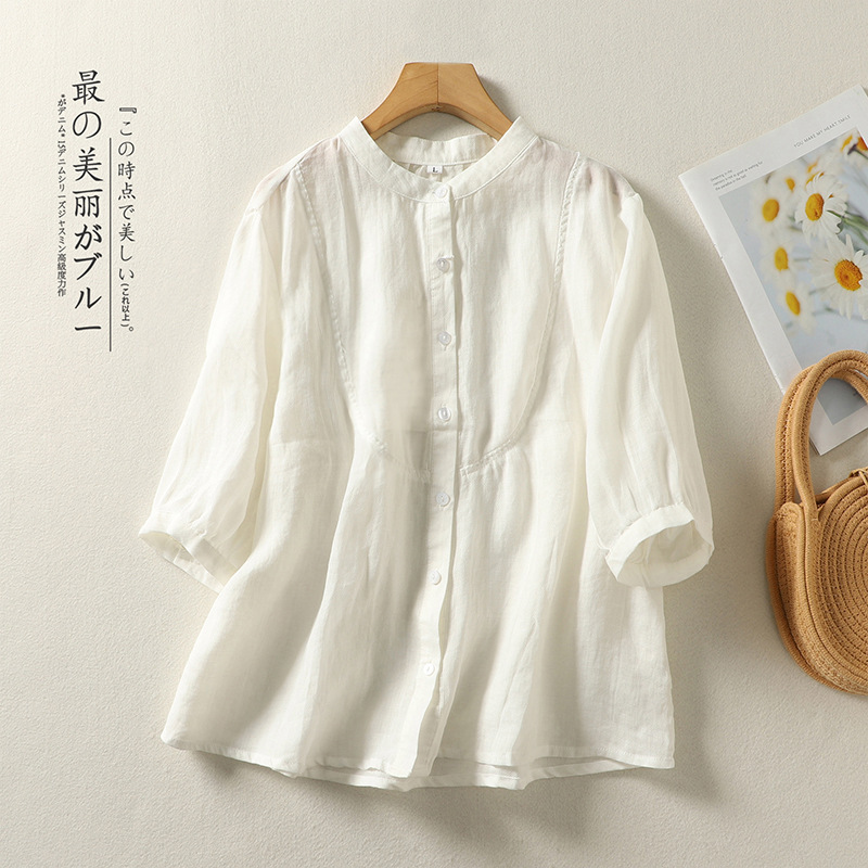 2025年綿麻シャツ、おしゃれな刺繍入り、夏のゆったりとした万能シングルボタン、スタイリッシュな無地トップスの実物写真|undefined