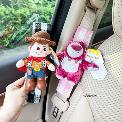 car seatbelt shoulder pad | Sürətlər qutusu və əl tormozu başlıqları - shoulder-pad-black-pink-plaid-fabric-garland-strawberry-bear-woody-riding-the-winds-and-waves-two-pieces