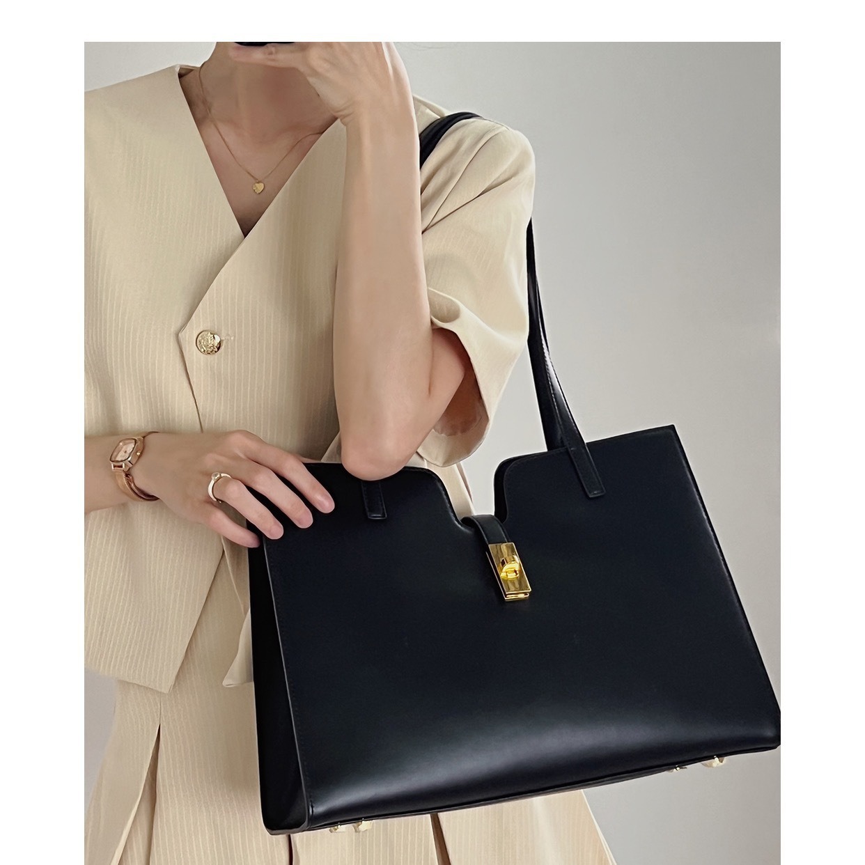 Women's Cowhide Tote Bag Casual Commuter Large Capacity Briefcase Ins Style Shoulder Underarm Handbag - Thumbnail 2