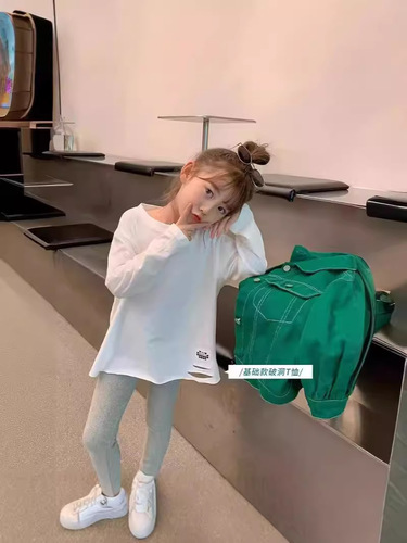 Children's Plain Color T-Shirt 2025 Spring Stylish Top Girl Child Ins Trendy Hole Base Shirt Versatile Fashion