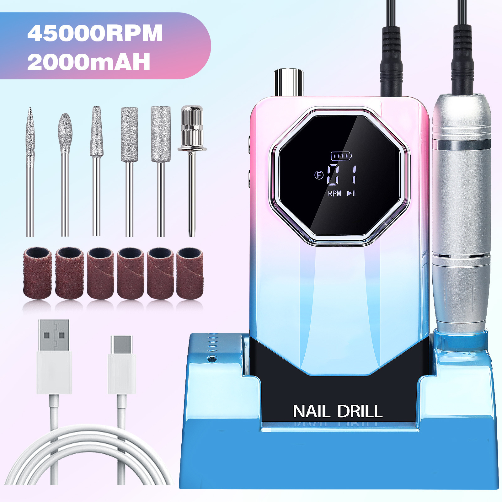 Amolador de uñas eléctrico portátil transfronterizo nuevo amolador de uñas profesional V2 45000 rpm almacenamiento de energía