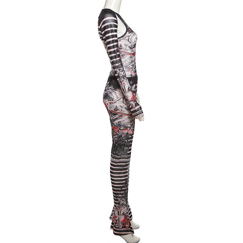 Women's Pants Set Perspective Mesh Printed Sexy Two Piece Outfit_voghion.com