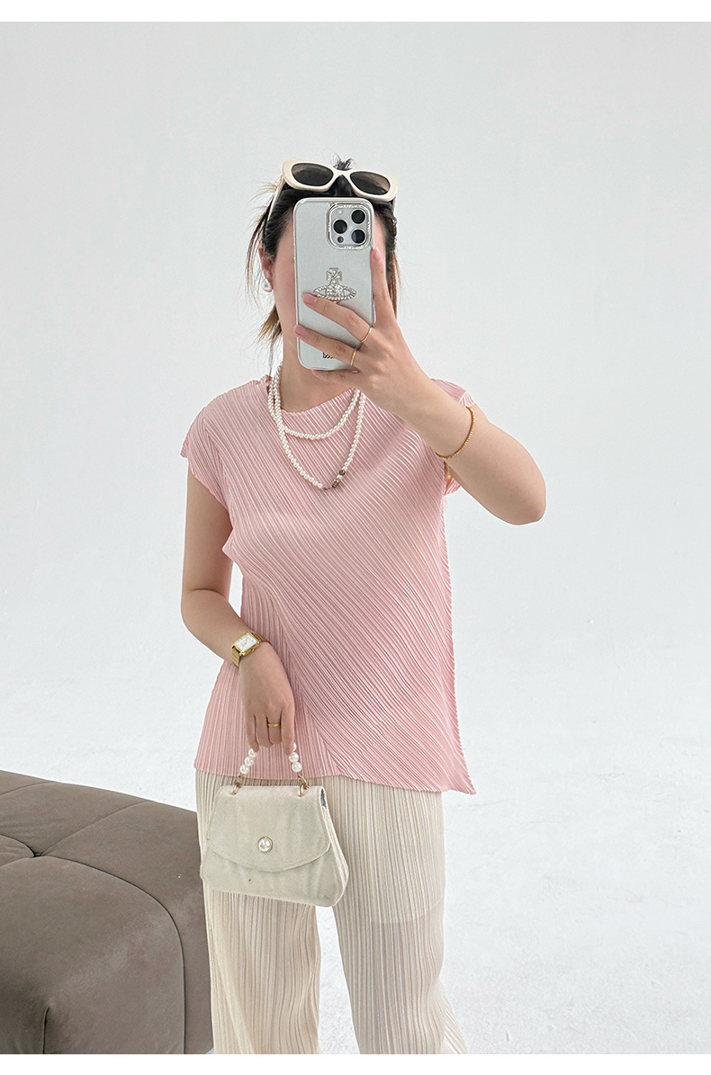 Áo thun nữ tay ngắn cổ tròn vạt xéo xếp ly bất đối xứng — đen chi tiết 7