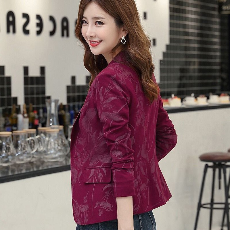 Printed Small Suit Spring & Fall New Korean Style Long-Sleeved Large Size Short Slim Slimming Look One-Button Women's Suit Jacket
