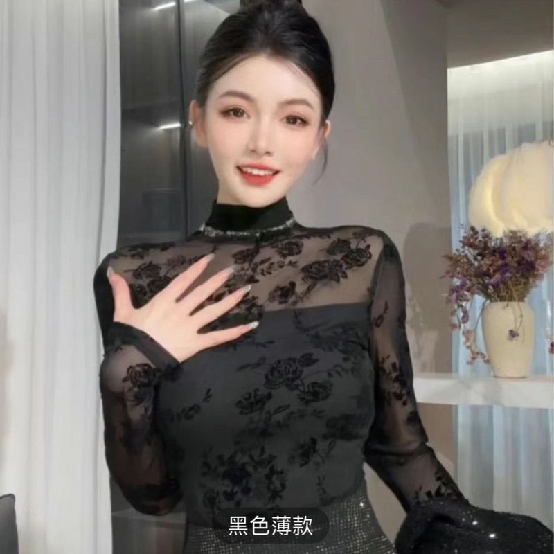 秋冬季加绒加厚半高领长袖蕾丝打底衫女气质修身显瘦外穿上衣|undefined
