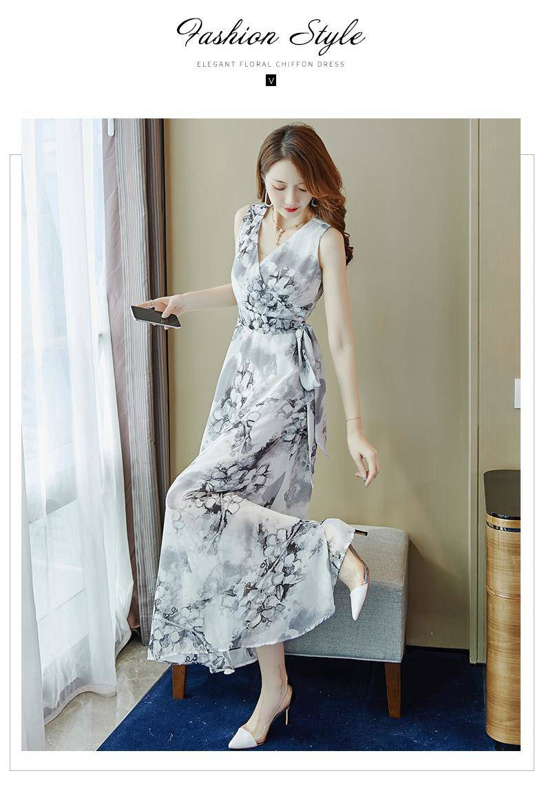 Bohemian Long Women Summer 2024 New Waist Tie Slimming Beach Vacation Chiffon Dress_ecoleips.com