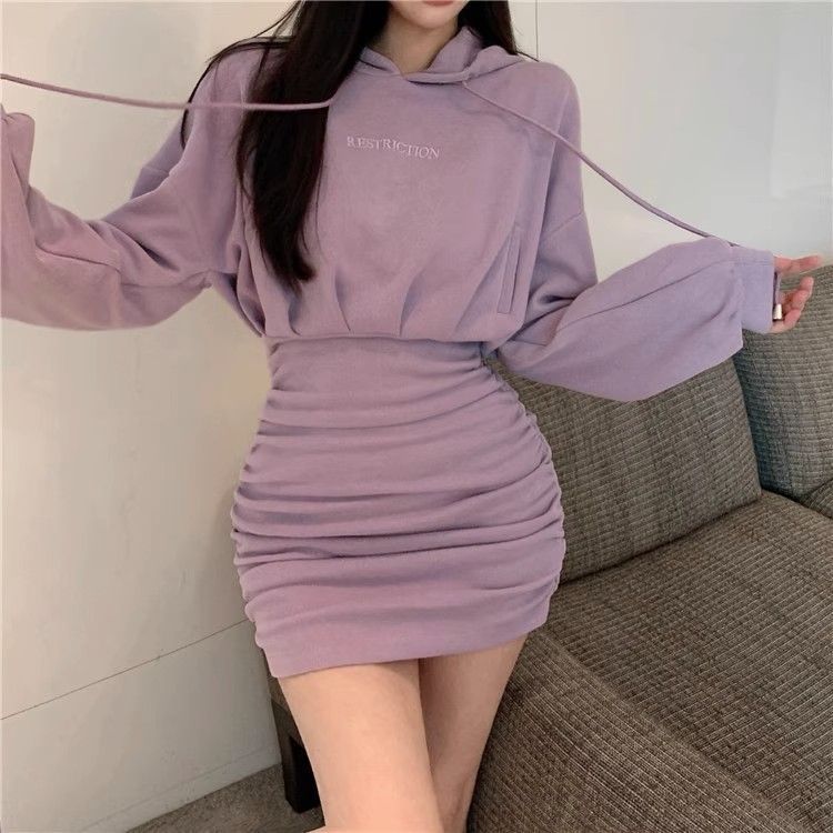 秋冬气质连衣裙小个子甜辣妹褶皱包臀短裙收腰紧身连帽卫衣打底裙|undefined