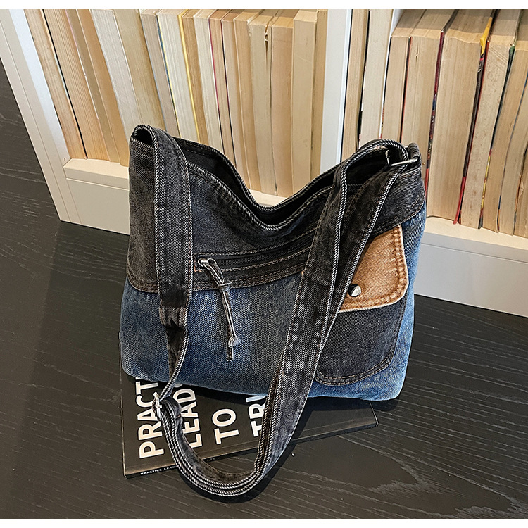 Bolso de denim de gran capacidad para mujeres 2026 retro color contrastante empalme mochila de hombro de viaje bolsa de ocio image 7