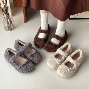 Small fragrant style fleece-lined flat fluffy shoes women's 2024 new autumn and winter retro round head versatile soft bottom Mary Jane cotton shoes