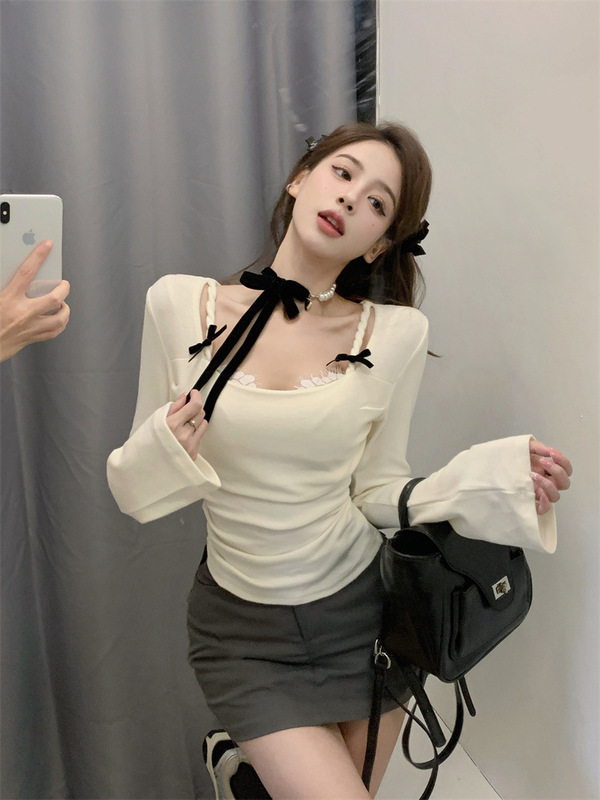 纯欲辣妹显身材上衣女秋冬假两件长袖t恤喇叭袖蕾丝边打底衫内搭|undefined
