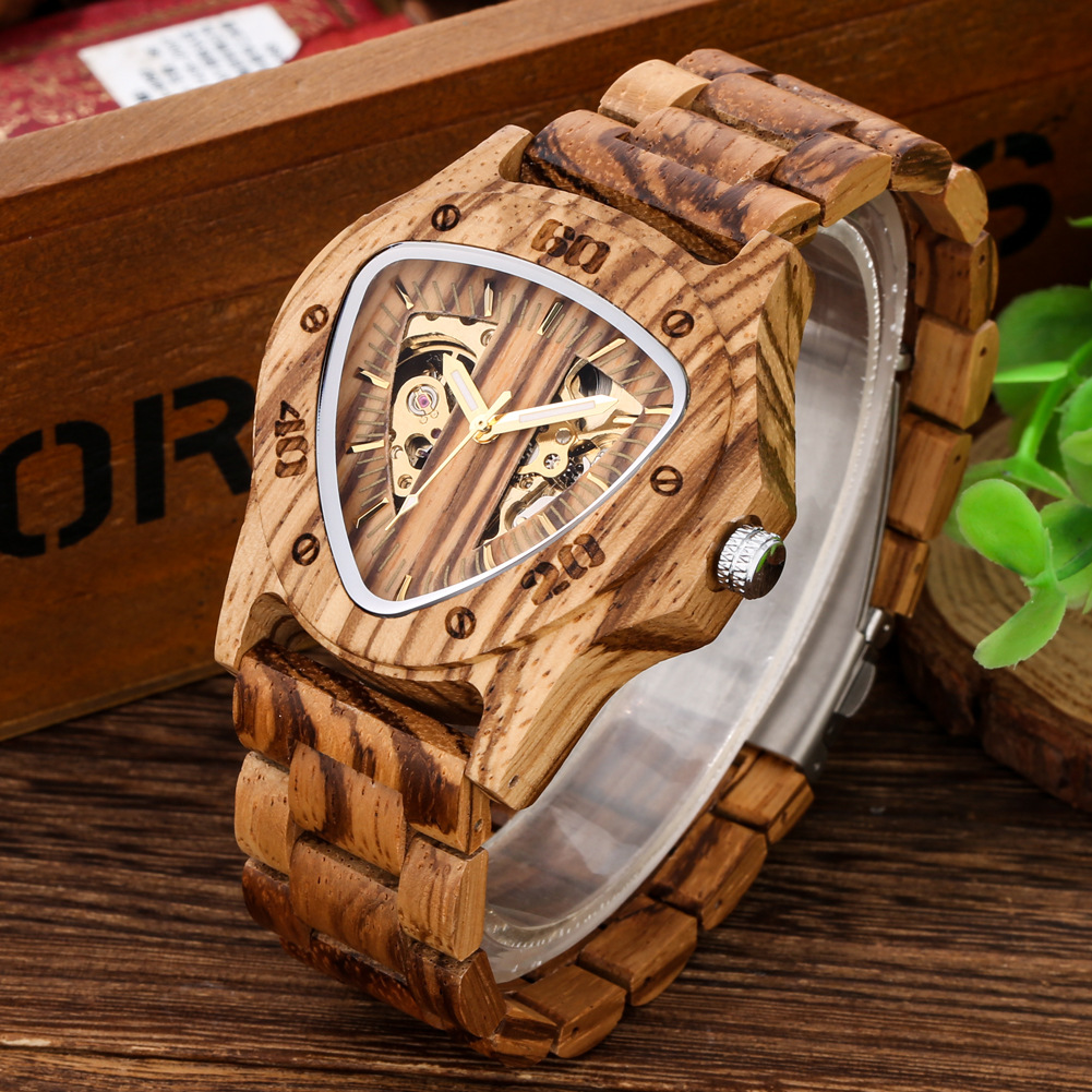 Simple Fashion Bamboo/Wooden Triangle Automatic Mechanical Wristwatch Men's Wood Bangle Folding Clasp Watch Band Timepiece Gift_voghion.com