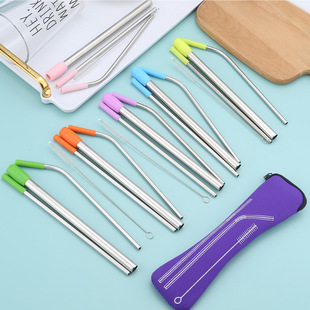 304 stainless steel straw 3-piece silicone head drink milk tea straw set outdoor travel camping convenient tableware