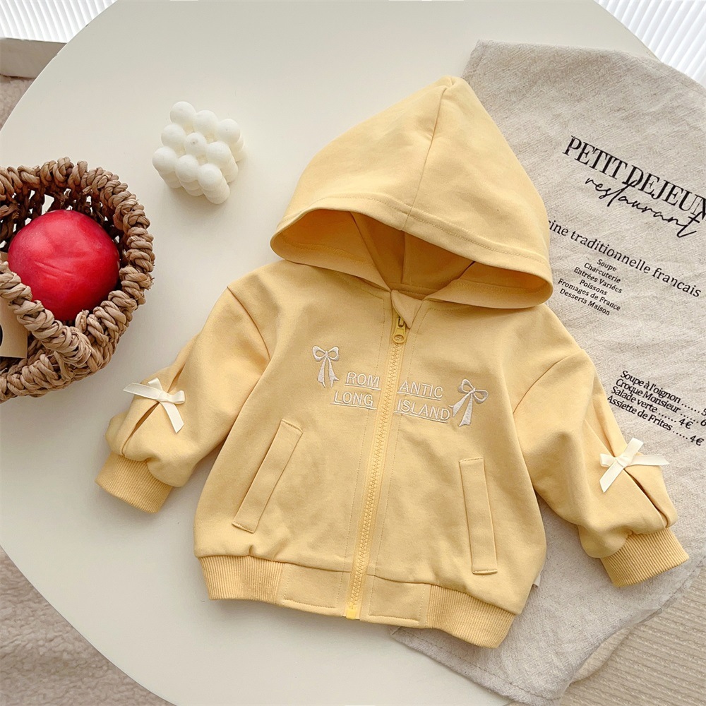 Ropa de bebé ropa de otoño bebé de dos piezas con lazo decoración cremallera chaqueta con capucha traje de pantalón traje de niña