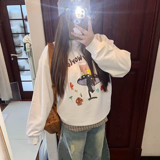 韩版卡通蘑菇印花2025秋冬季新款长袖圆领卫衣女薄款加绒套头上衣