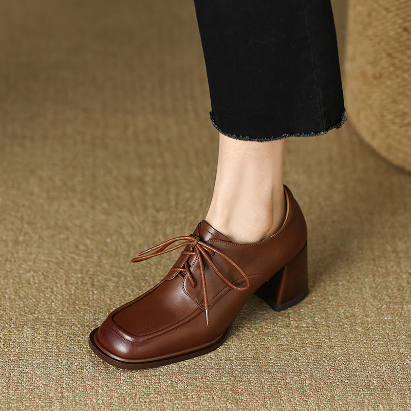 Retro Square Toe Thick Heel Flats for Women Spring New Women's Shoes British Strap Deep Mouth Leather Shoes Brown High Heels Foreign Trade