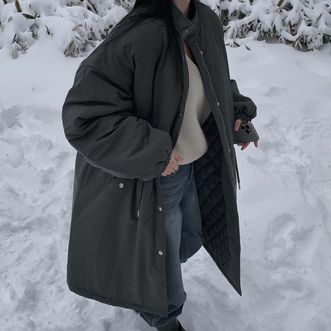 韓国のchic冬の怠惰な風の工装パーカーのゆったりした大きいものは縄の立襟の綿入れの保温の綿入れの長いコートを引き出します。