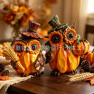 Harvest Festival Resin Owl Ornament with Pumpkin and Sunflower Thanksgiving Home Desktop Decorative Craft