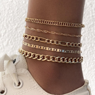 Cross-border explosions ins exquisite retro pure chain chain anklet set women's 5-piece thick and thin chain high-grade foot ornaments