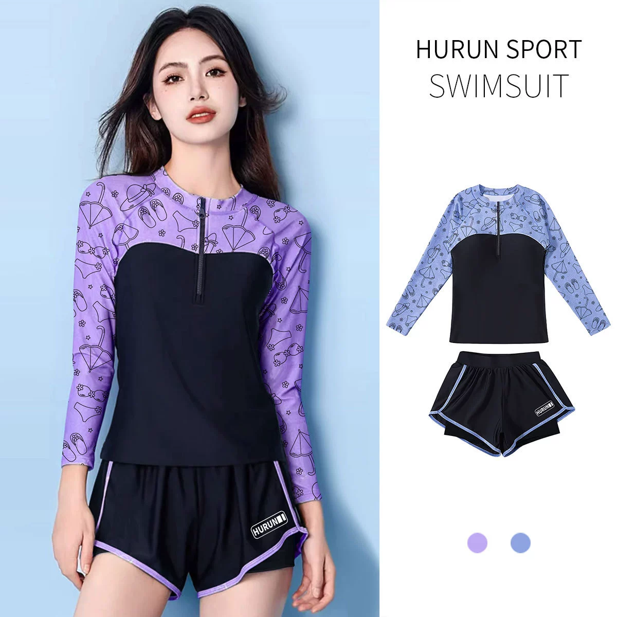 HURUN Split swimwear, long-sleeve, plus size
