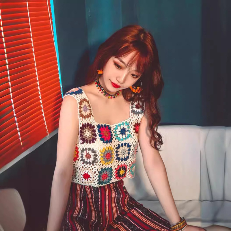 Bohemian hoochet vest folk style hand-woven short small sling knitted female hollow-out blouse top female