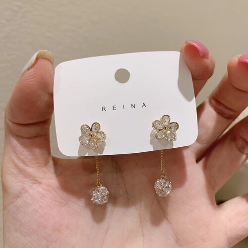 Korea Dongdaemun S925 silver needle micro-paved zircon flower earrings detachable two-wear chain crystal ball crystal flower
