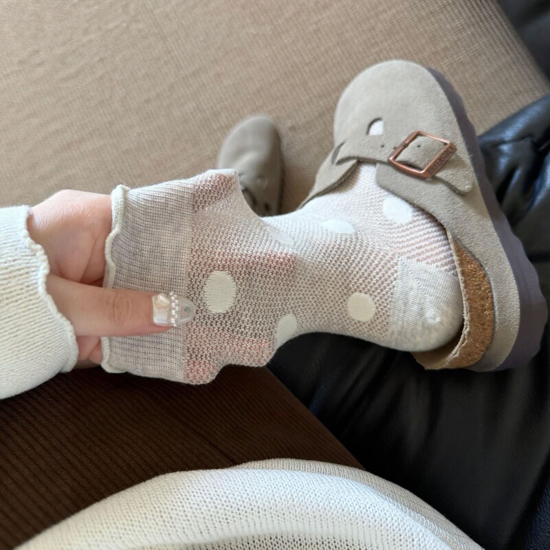 Miu White Polka Dot Socks for Women, Summer Thin Breathable Mesh Mid-Calf Socks with Lace, Ballet Style Slouchy Long Socks