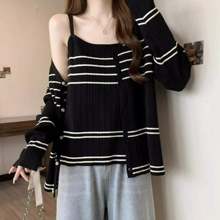 125kg Plus Size Korean Style Casual Striped Suit for Plus-Size Women Spring Camisole Cardigan Two-Piece Set