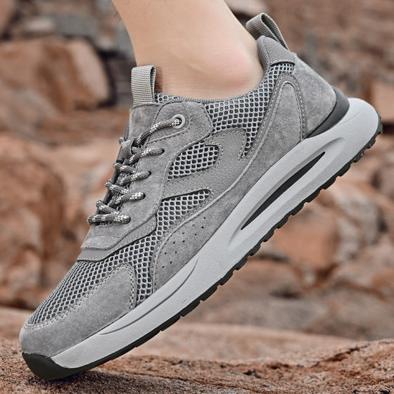 Men's Mesh Breathable Sneakers Summer Men's Shoes Non-slip Wear-resistant Casual Running Shoes Genuine Leather All-match Jogging Shoes