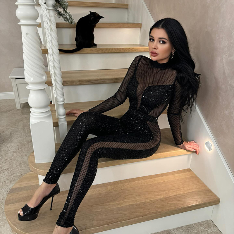 Cross-border New European and American Women's Independent Station Grid Perspective Stitching Fashion Sequins Sexy Long Sleeve Trousers