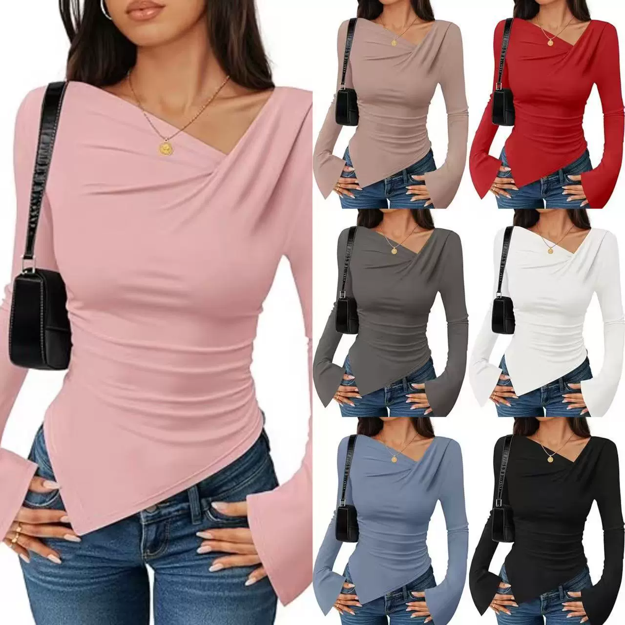 女式斜领T恤秋冬季亚马逊欧美女装新款设计感不对称修身上衣女