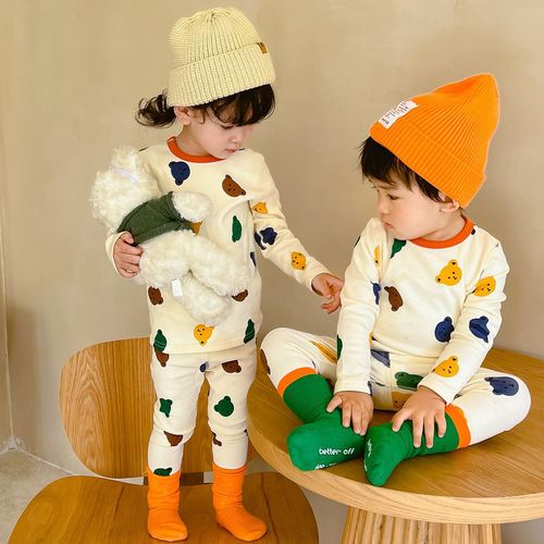 Korean style boneless children's pajamas, autumn clothes and long trousers sets for boys and girls, pure cotton thermal underwear, autumn and winter baby home clothes