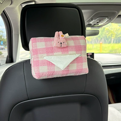 Plaid Bear Car Seat Back: Car tissue box/set - pink-checkered-rabbit-head-plaid-tissue-draw-pink