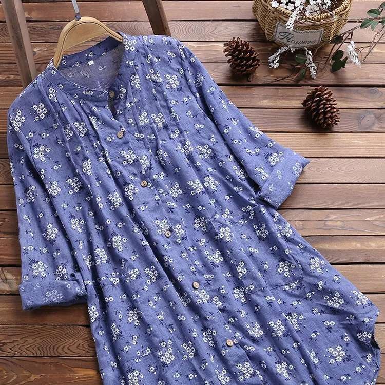 2024 Amazon Tenu Spring and Autumn Women's Urban Shirt Pleated Floral Print