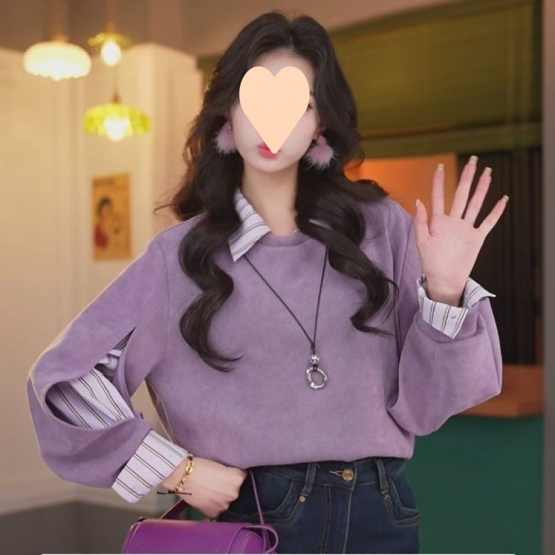 港风复古拼接宽松假两件上衣女2025新款秋冬季|undefined