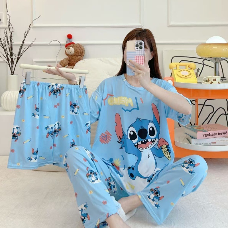 Pijamas de verano transfronterizos pijamas de leche de seda de tres piezas set de dibujos animados comercio exterior ropa para el hogar pantalones de mangas cortas lindos