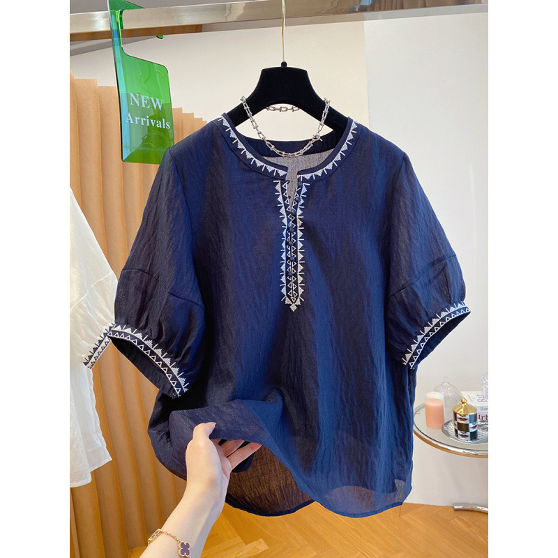 Bohemian Ethnic Style Embroidered Shirt Women's Short-Sleeved Loose Thin Round Neck Shirt Tencel Babydoll Top Summer