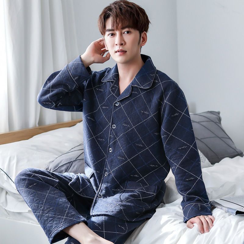 Pajamas de algodón de primavera y otoño para hombres, ropa de hogar de manga larga engrosada, otoño y invierno, conjunto de algodón de aire intercalado