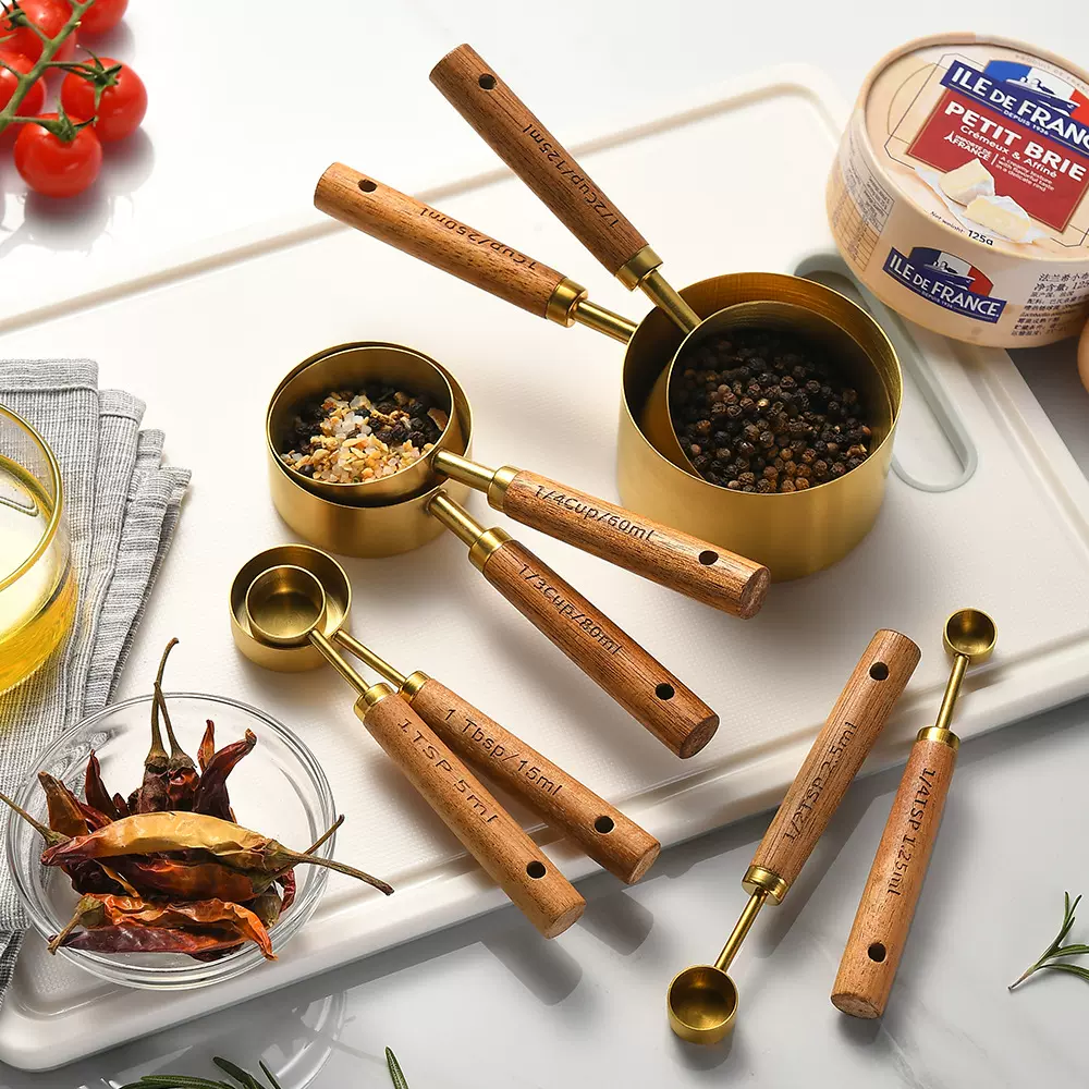 相思木手柄不锈钢镀金量杯量匙套装八件套 烘培烹饪定量计量杯