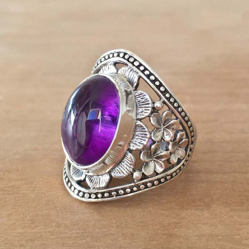 He Cheng Amethyst Ring Ancient Silver Inlaid Retro Nepalese Old Women's Men's Hand Jewelry Colorful Crystal