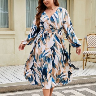 Real shot cross-border dress printing Amazon new plus size women's autumn and winter Europe and the United States long sleeve v-neck dress