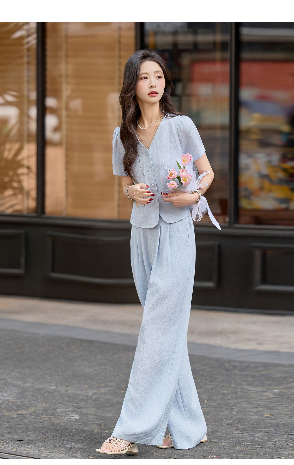 Bộ quần áo hai mảnh nữ mùa hè 2026 áo sơ mi cổ V tay ngắn phối quần ống rộng — Màu ảnh chi tiết 17