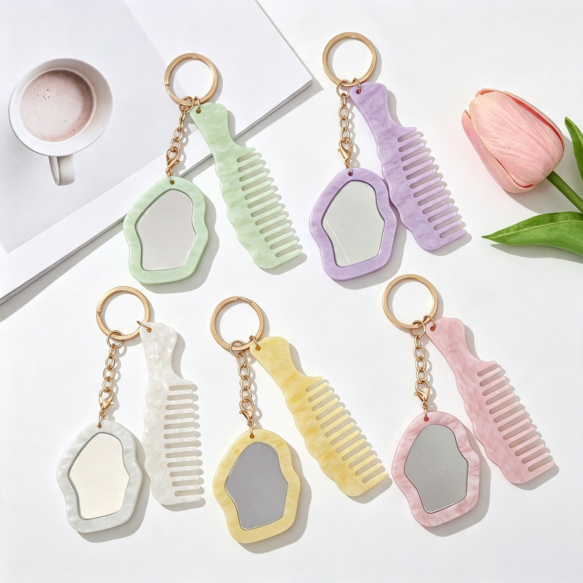 New acrylic water-pattern heart-shaped makeup mirror, comb, keychain, bag pendant, DIY accessory, simple design